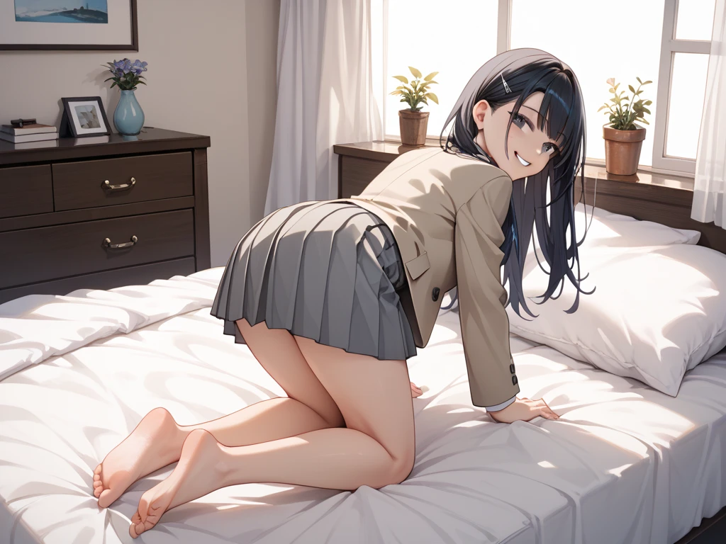 hight resolution、cute little、Amazing beautiful girl,female high-school student、 Anime style, 、17 age、on the bed、A dark-haired、Glamour、Colossal tits、de pele branca、wide-open legs、Very embarrassing、red blush。 Best Quality , Textured skin、 high details, High quality,Semi-long hair、No shoes,nudde,pubick hair、Black short socks、Pubic area、 hair、Open the crotch,、Tsurime,Anime-style eyes,Anime-style nose,Anime-style mouth、Turn your pubic area towards me、Highlights in the eyes、The pubic area is open,Lots of pubic hair、、night lights、pov from down、Tempting、white shirt、Blue tie、 Gray cardigan,I'm showing my pubic area,Lower body nudity、Invincible smile