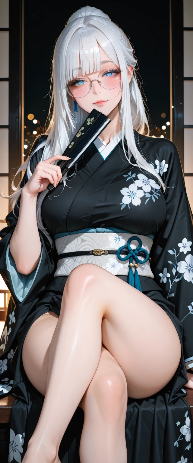 Best quality, masterpiece, high resolution, (perfect body shape), 1girl, detailed face, white hair, thick waist, thick thighs, wearing kimono_clothes