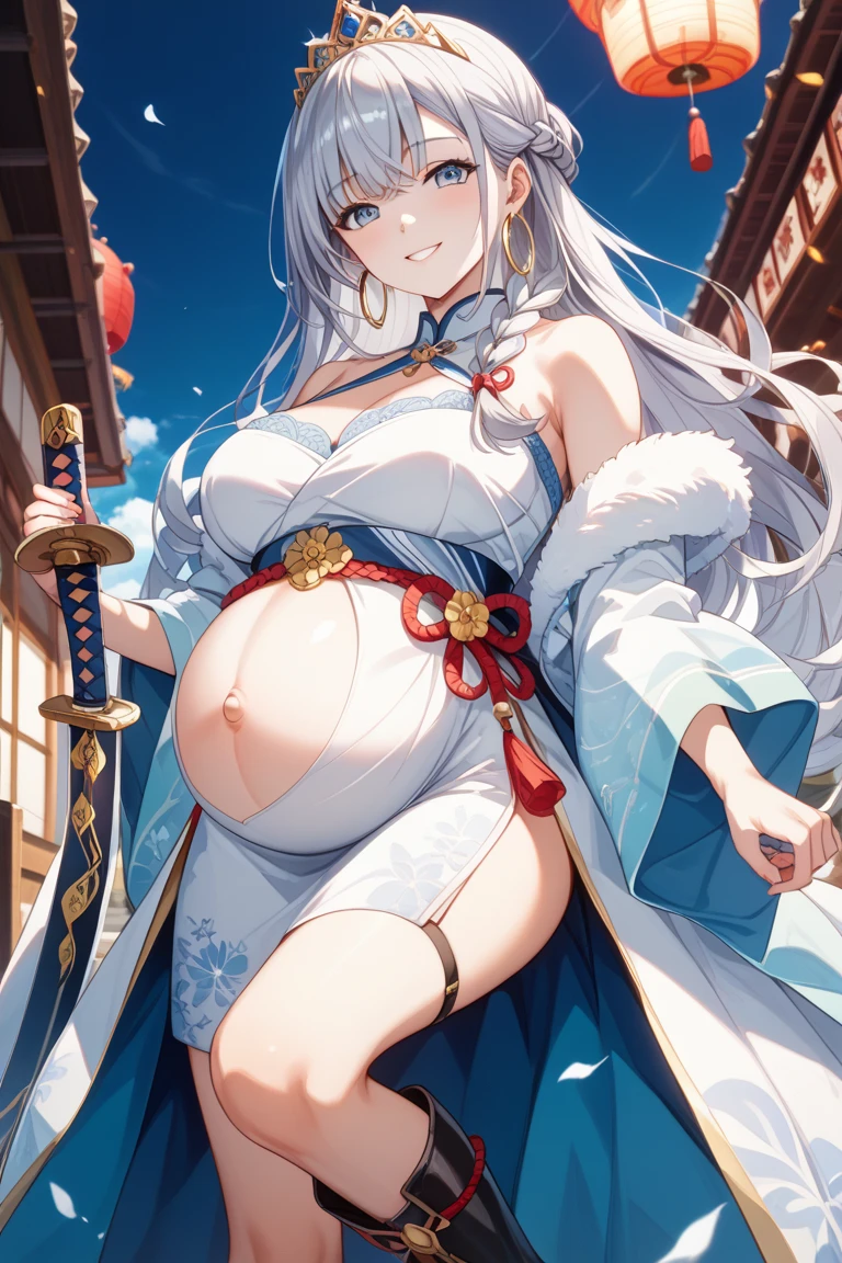 A pregnant white-haired, blue-eyed elf with a truly gigantic belly because she is pregnant with 6 babies, elle est a 9 mois de grossesse, elle est en yukata traditionnelle couvert dans un temple japonais