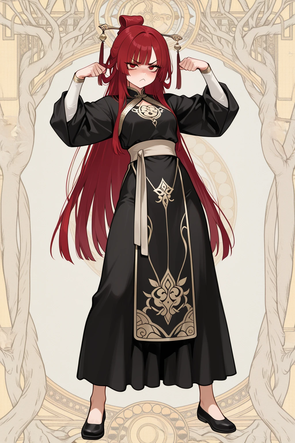 full body image, of an  girl, personagem do anime "Demon Slayer", with long, straight, fire-colored hair with two white streaks highlighted in the front, framing your face. She has blue-green eyes and pale skin.. she is a Wiccan, she is in fighting pose. She wears a pentagram necklace and beautiful feminine Japanese clothes, she holds a nail hammer and small nails. Designed by Koyoharu Goutoge. black backdrop.