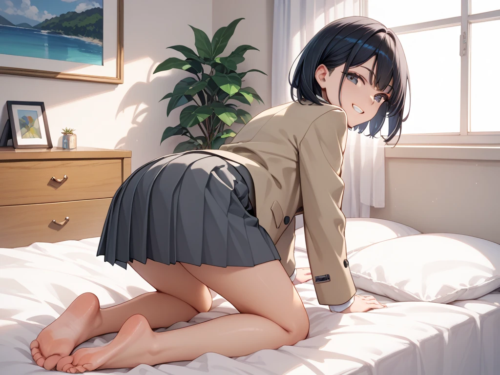hight resolution、cute little、Amazing beautiful girl,female high-school student、 Anime style, 、17 age、on the bed、A dark-haired、Glamour、Colossal tits、de pele branca、wide-open legs、Very embarrassing、red blush。 Best Quality , Textured skin、 high details, High quality,Short hair、No shoes,nudde,pubick hair、Black short socks、Pubic area、 hair、Open the crotch,、Tsurime,Anime-style eyes,Anime-style nose,Anime-style mouth、Turn your pubic area towards me、Highlights in the eyes、The pubic area is open,Lots of pubic hair、、night lights、pov from down、Tempting、white  shirt、Blue tie、 Gray cardigan,I'm showing my pubic area,Lower body nudity、lightsmile、anus