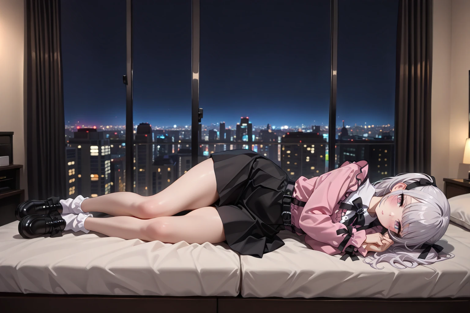 Highest quality(8k)masterpiece、Similar to Anochan(2.0)、Time: Night(1.8)He is lying on the bed by the window and talking on his cell phone.(1.8)Clothing is high school uniform(1.8)The night view can be seen from the window(1.8)、A room in a high-rise apartment with very large windows(1.8)It's dim in the room.(1.8)、One girl、Very cute、Best Style、Hairstyle(long(1.8))The room is a high school girl's room(1.8)、There are no curtains、17age、Firm and refreshing々Fresh skin。Plump legs、eye(Super detailed 1.8)Wearing makeup(2.0)、Dependent、