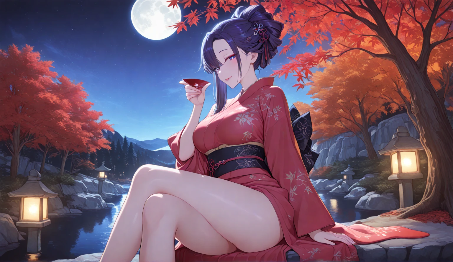 masterpiece++、top-quality++、ultra-definition++、ultra-definition++、4K++、8K++、From Side、(Background Focus)++、(water dripping)++、(fullmoon)、(clouds)、(starrysky)、(cherry trees)、(the beautiful night sky) +、(waterside)+、(Asanagi)、(starrysky)+、(fullmoon)++、(cherry trees)、((onimous))+++、Demon Horns、((Beautiful))、 A MILF、Colossal tits、Traditional kimono、cleavage of the breast、 ((Japan liquor and red cup))+、long、Next time I will add a sentence that I tousled black hair, Drunk、enchanting atmosphere、(wet effect)+、(light effect)、(Cinematic lights)+、(Cinematic of Light)+