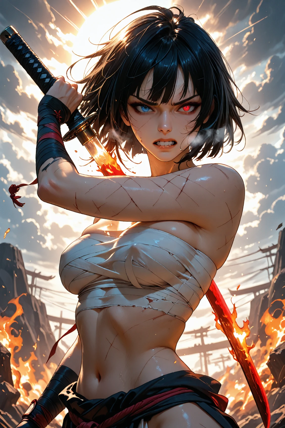angry adult swordswoman black hair naked
