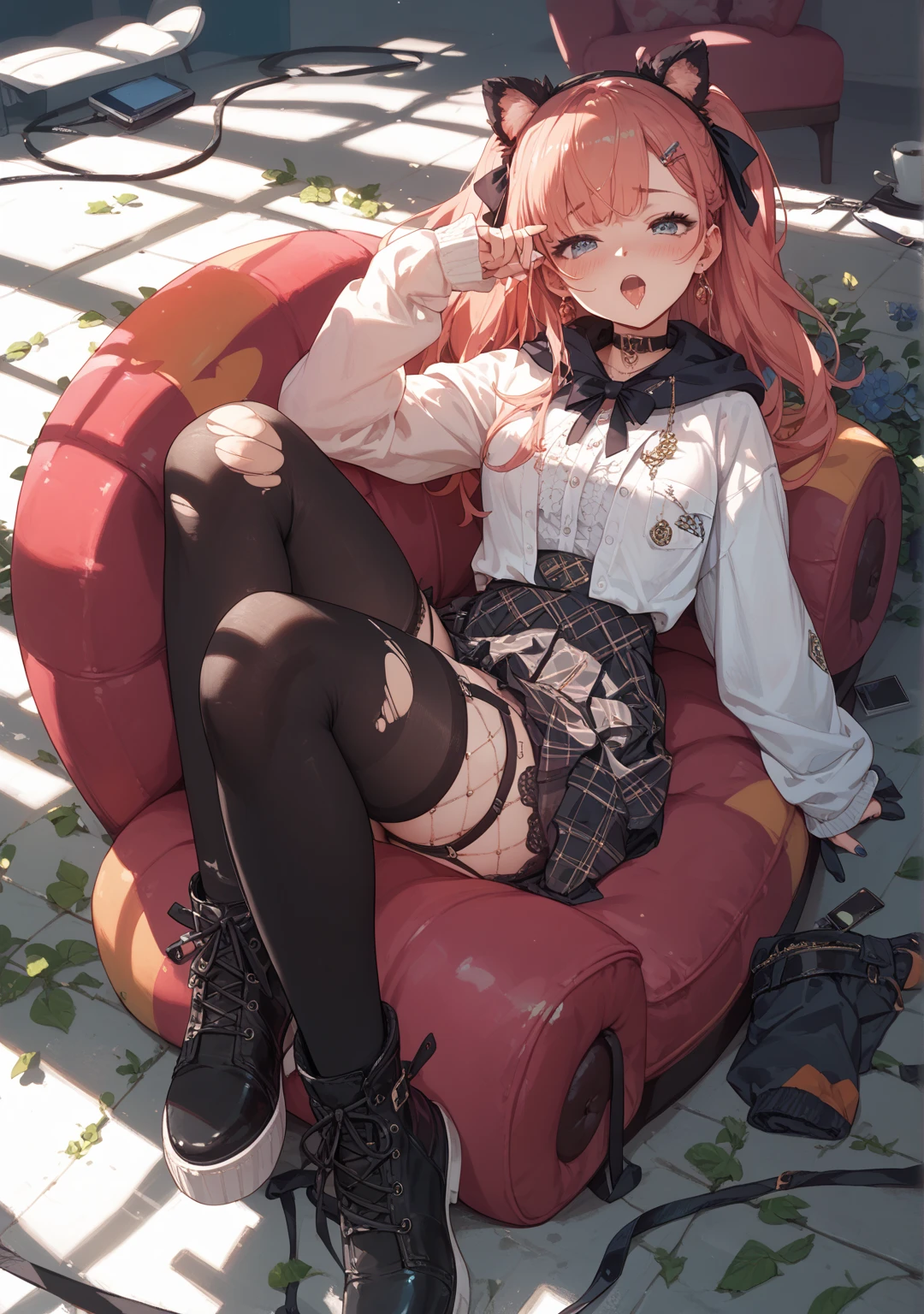 check_9, check_8_up, check_7_up, check_6_up, check_5_up, check_4_up, source_anime, 1 girl, she lay, bed, sexy pose, language, pink hair, long hair, blindfold, dirty hair, Sweaty shirts, skirt, black thigh-high boots, heels, Teddy bear, room, Table, window, night, Best quality, better resolution, 4k uhd,