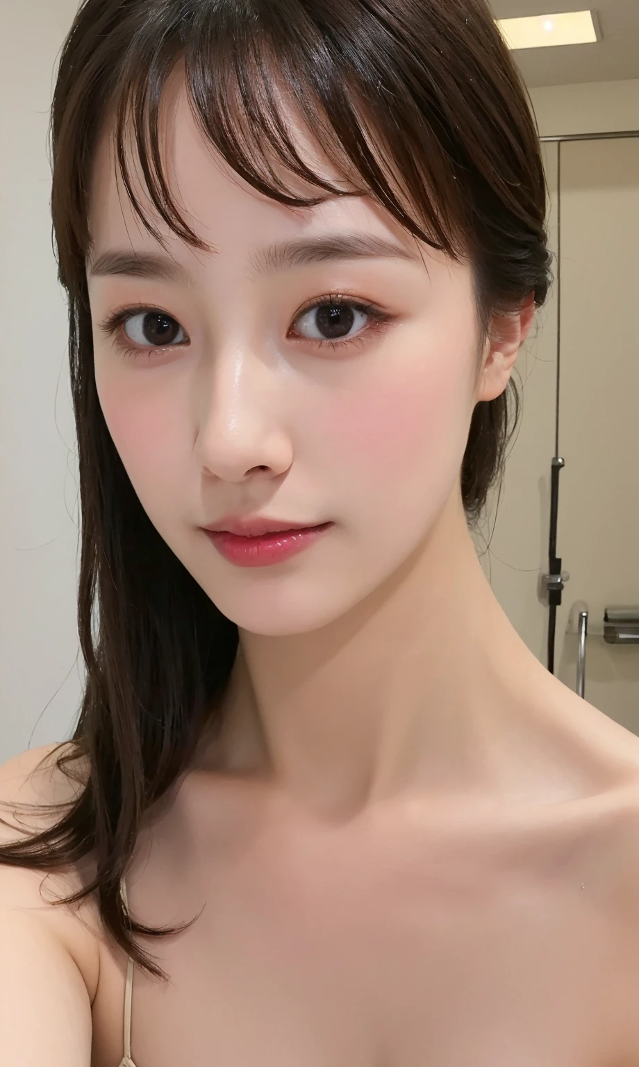 (((best quality))),(((ultra detailed))),(((masterpiece))),illustration,1girl,solo,short ponytail,slim,thin,small breasts,flat chest,strapless white bra,in kendo gym,focused and determined expression,ready for challenge,slender and elegant face,confident and resilient,fair skin,blush,neat teeth,bright smile,clean and tidy uniform,wooden gym floor,wall,pine scent,standard grip,ready to slice through obstacles,strong belief,determination,spirit of resilience,admiring,((from front,close-up of face))