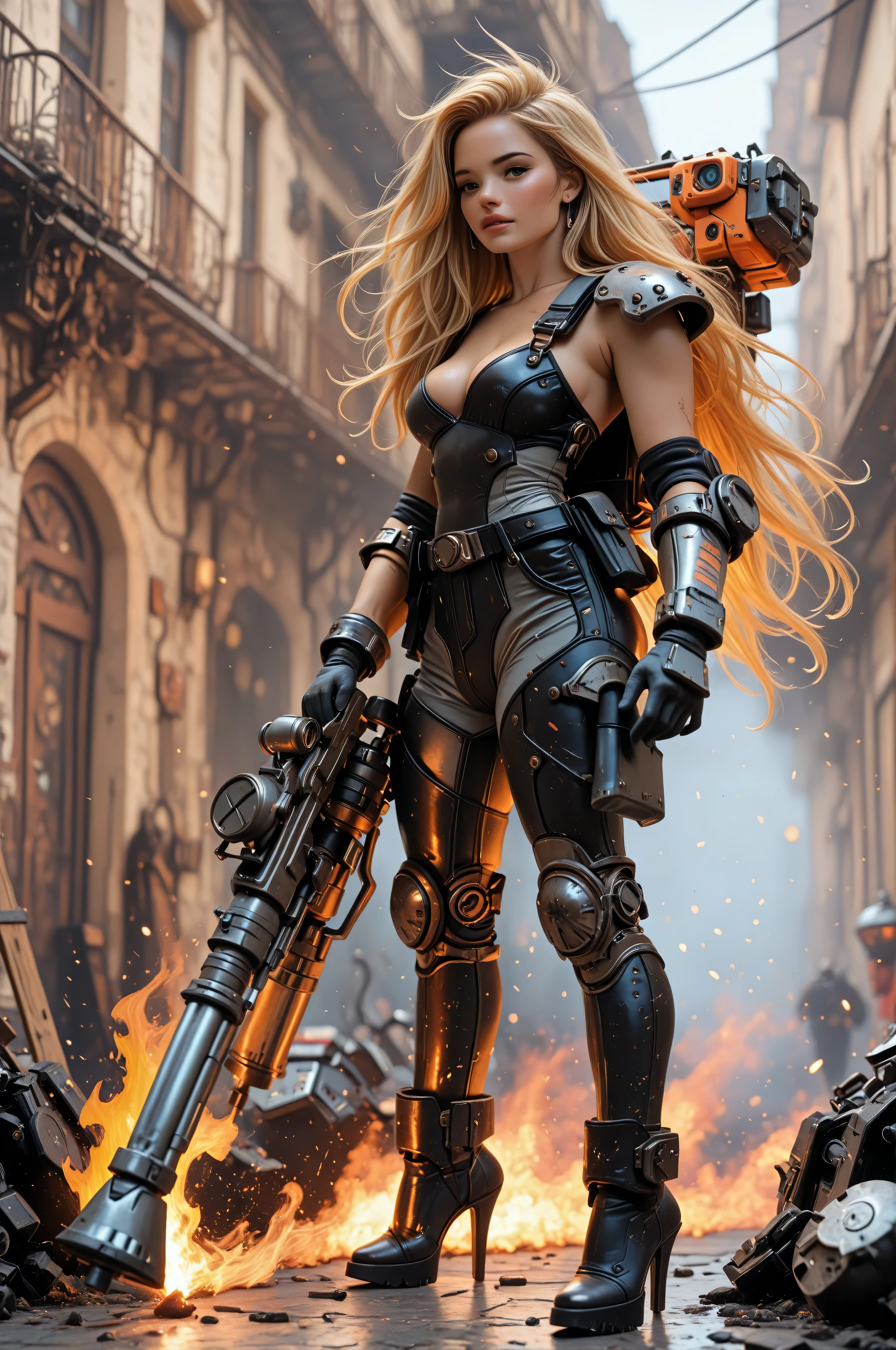 ,full body close up, open legs pose, wearing wastelander leather armor, (influencer,cuerpo atlético y en forma,manos perfectas,manos detalladas,ojos perfectos,ojos detallados,coqueto,sexy,Realista,hdr,HD,dinámica,Retrato,photoRealista,colores ricos y vibrantes,iluminación suave) wasteland landscape background, atomic explossions, fire, smoke, dust, postapocalyptic theme, high details, bizarre machines, rusty machines, rusty buildings,