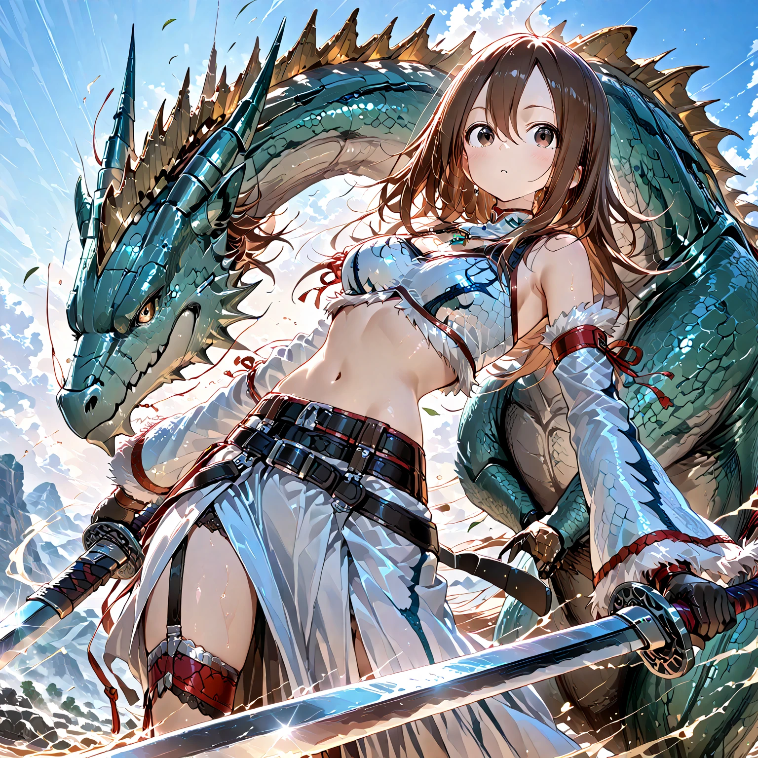 Anime girl with sword and armor standing in the field, Granblue Fantasy, armor girl, bikini armor female knight, cushart krenz key art feminine, high detailed official artwork, 2. 5 d cgi anime fantasy artwork, in monster hunter armor, mechanized valkyrie girl, from arknights, SFW version, Trending on ArtStation pixiv, bikini-armor,Close-up、