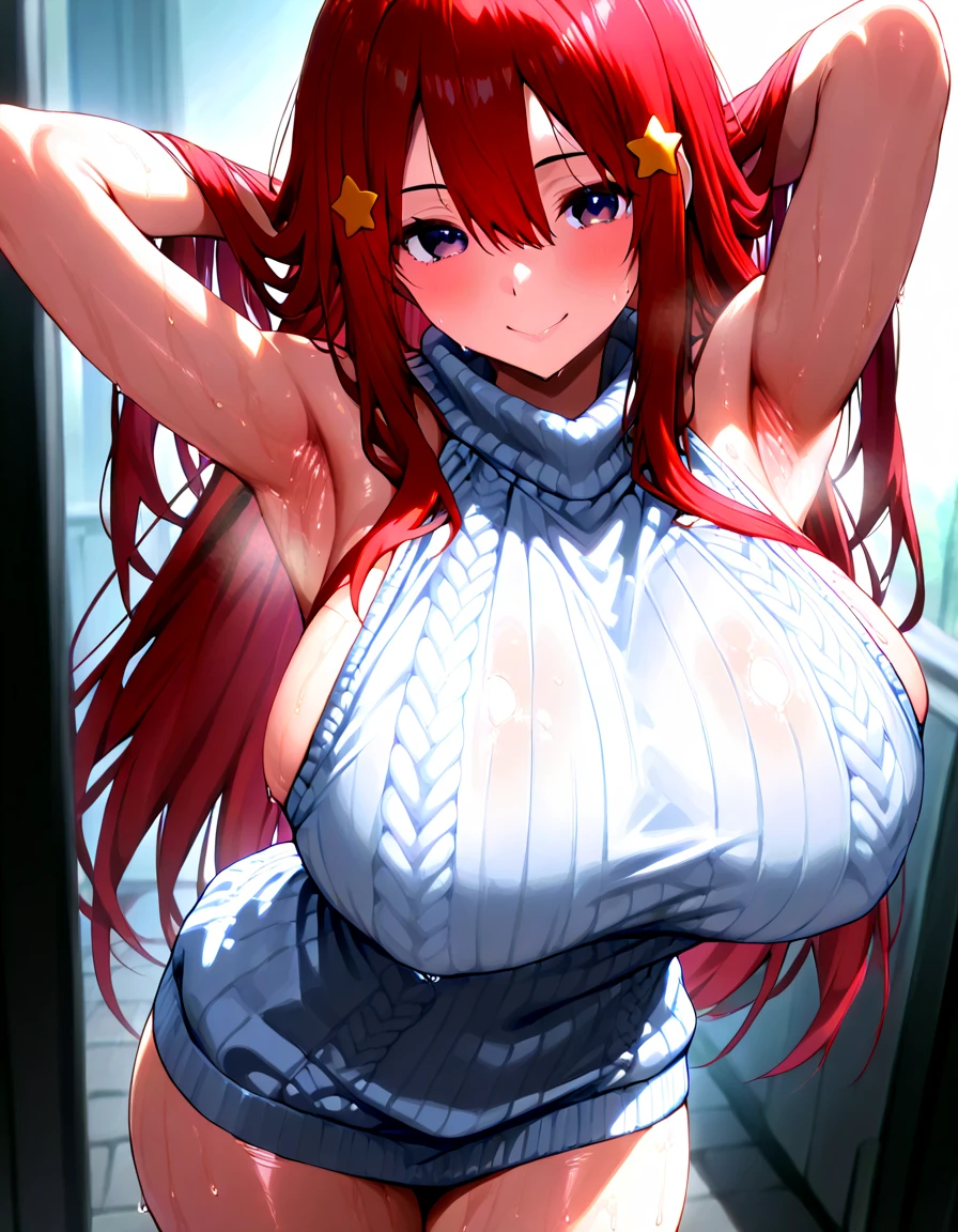 (masterpiece:1.2, best quality:1.2, beautiful, high quality, highres:1.1, aesthetic), detailed, extremely detailed, ambient soft lighting, 4K, perfect eyes, perfect face, perfect lighting, 1girl, solo, huge breasts, huge thighs, narrow waist, wide hips, thick thighs, curvy, standing, looking at viewer, facing viewer, Rias Gremory, rias form high school dxd, , (((blue eyes))), red hair, antenna hair, wavy hair, , harem girl, harem dancer, silk loincloth, metal bra, face veil, jewel, blushing,sweating, (breathing hard), (panting), anime, smile,