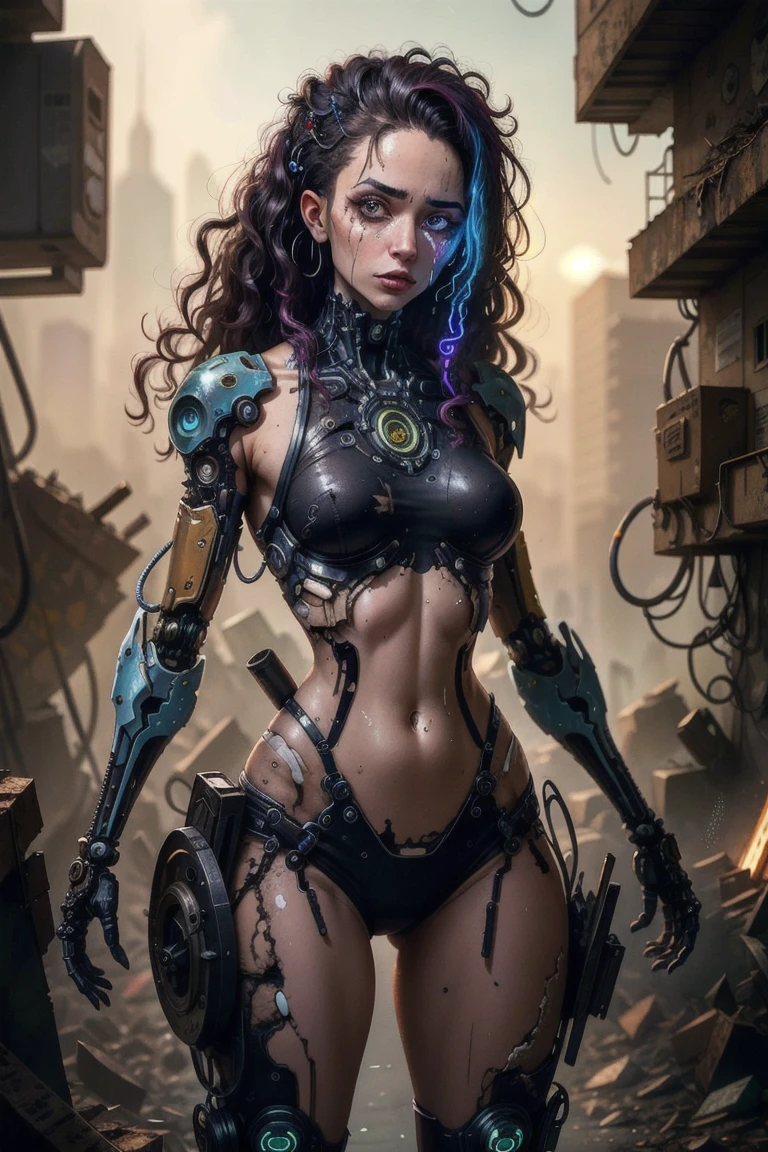a sexy female cyborg, retro graphics, nsfw, magazine cover, poster art, Lovecraftian horror theme, bold huge text, matted design layout, intricate cyberpunk details, highly detailed face and eyes, flawless skin, metallic cyborg body parts, dark moody atmosphere, dramatic lighting, cinematic composition, vibrant neon colors, glowing technological elements
