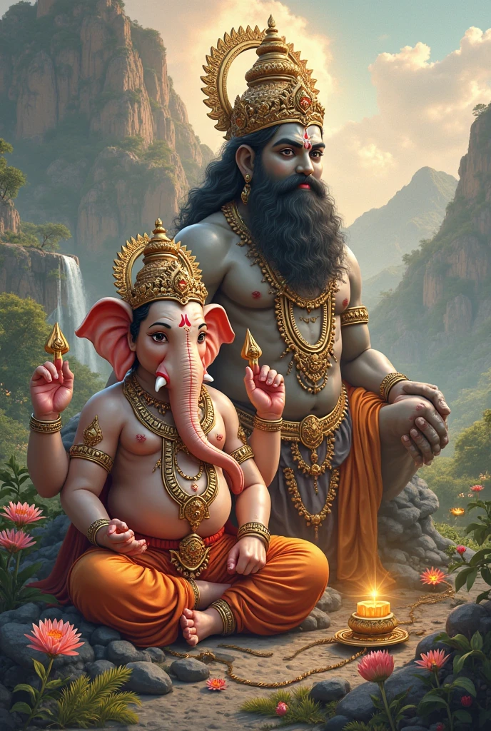 A Lord Ganesha picture in standing pose and bajarangbali in meditating pose