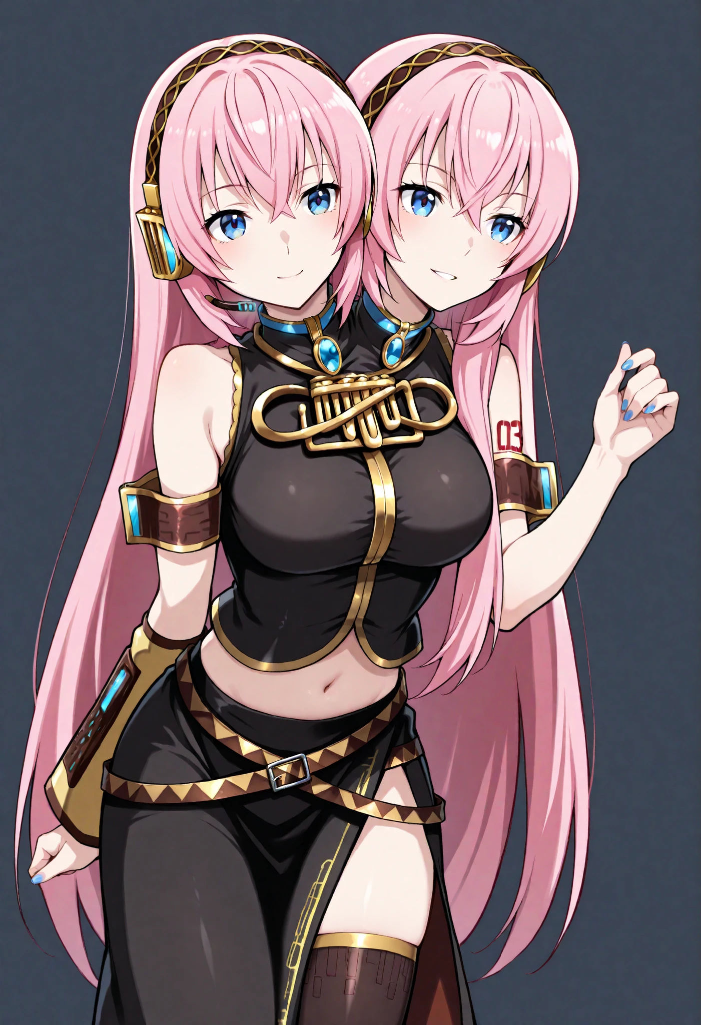 score_9, score_8_up, score_7_up,score_6_up, score_5_up, score_4_up , 1girl, solo, two heads, conjoined, ((2 different hairstyles)), BREAK megurine luka, defaultluka, pink hair, pink very long hair, straight hair, blue eyes, armband, skirt, long skirt, black shirt, black skirt, gold trim, navel, shoulder tattoo, shirt, amulet, side slit, headphones, belt, black thighhighs, bare shoulders, nail polish, midriff, headset, sleeveless, blue nails, crop top, detached sleeves, single detached sleeve, sleeveless shirt, arm warmers, uneven sleeves, asymmetrical sleeves, single sleeve, see-through, breasts, zettai ryouiki, hairband, armlet,BREAK flirting, leaning forward, cowboy shot, simple background