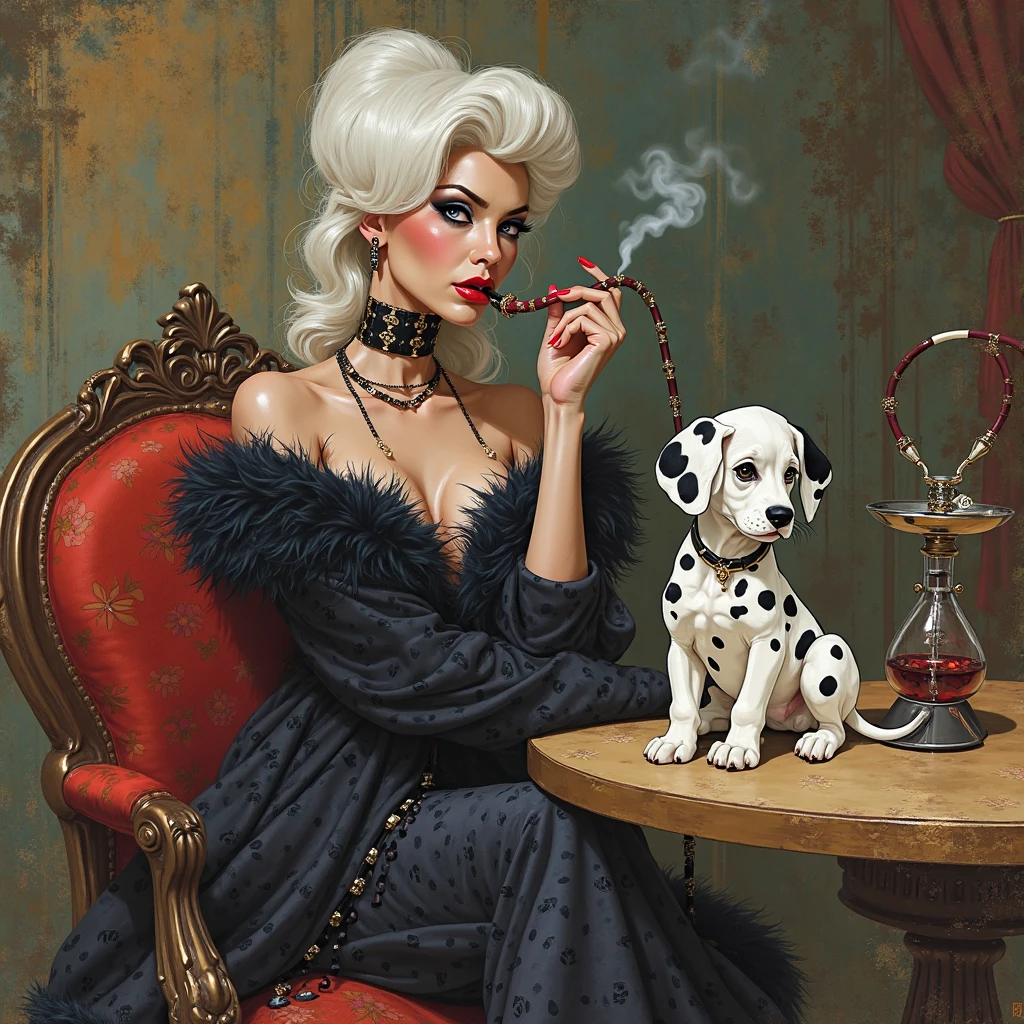 An African woman smoking a cigarette sitting on a chair in her underwear with a cat on her legs