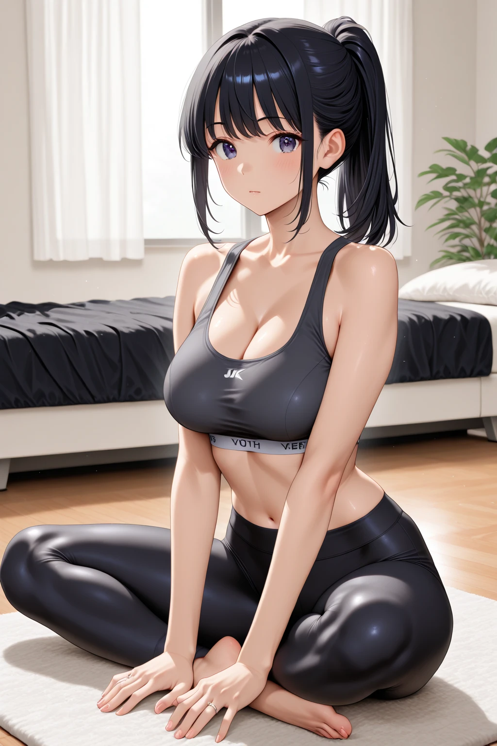 (Masterpiece, Top Quality, Best Quality, Official Art, Beauty and Aesthetics: 1.2), Super Gentle and Cute Mature Woman (1girl), Yoga Clothes, Yoga Classes, Yoga Mats, Double Eyelids, Round Chin, Delicate Collarbone