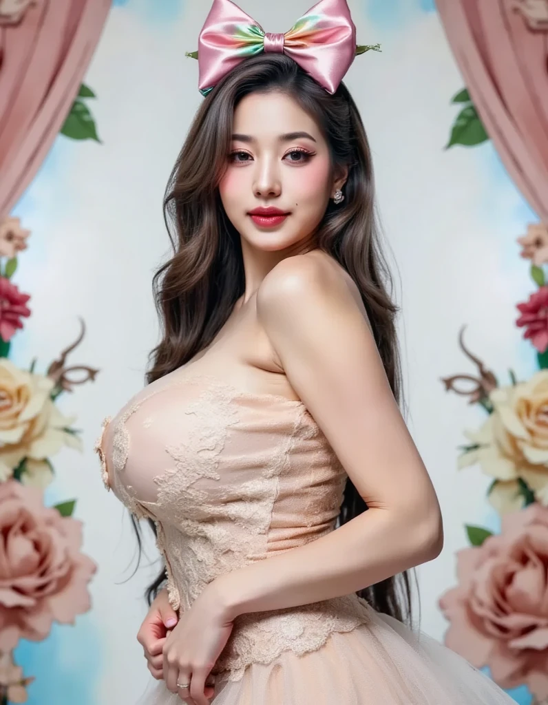 Model Photos, Close-up portrait, Complex beauty, Exquisite Jewelry, side view Intricate details, masterpiece, high quality, high quality, High resolution, Beautiful Face、(Realistic Face)、Realistic eyes、beautiful detailed eyes、huge breasts, Realistic Skin、Beautiful Skin、Ultra-realistic、Very detailed、Beautiful lighting、Sharp focus、Various poses、超Detailed face、fine aiole hair、((Extra long brown hair:1.2))((Loosely inward wavy hair:1.2)),Beautiful hairstyle、Detailed face、Exposed breasts、Cleavage、(Big Breasts)、((wearing Big floral mini dress:1.3))、((A shy smile:1.3)),(( full figure supermodel standing, entire body in frame)) fullbody shot、
