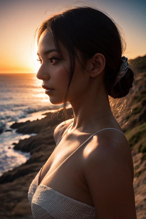 Woman in a revealing dark purple towel, wet shiny skin, pale skin, black hair, 27 years old malaysian high short hair bun, view from behind, revealing her wet shiny white back, wet dripping back, looking at viewer, seductive face, seductive smile, very wet skin, wet dripping skin