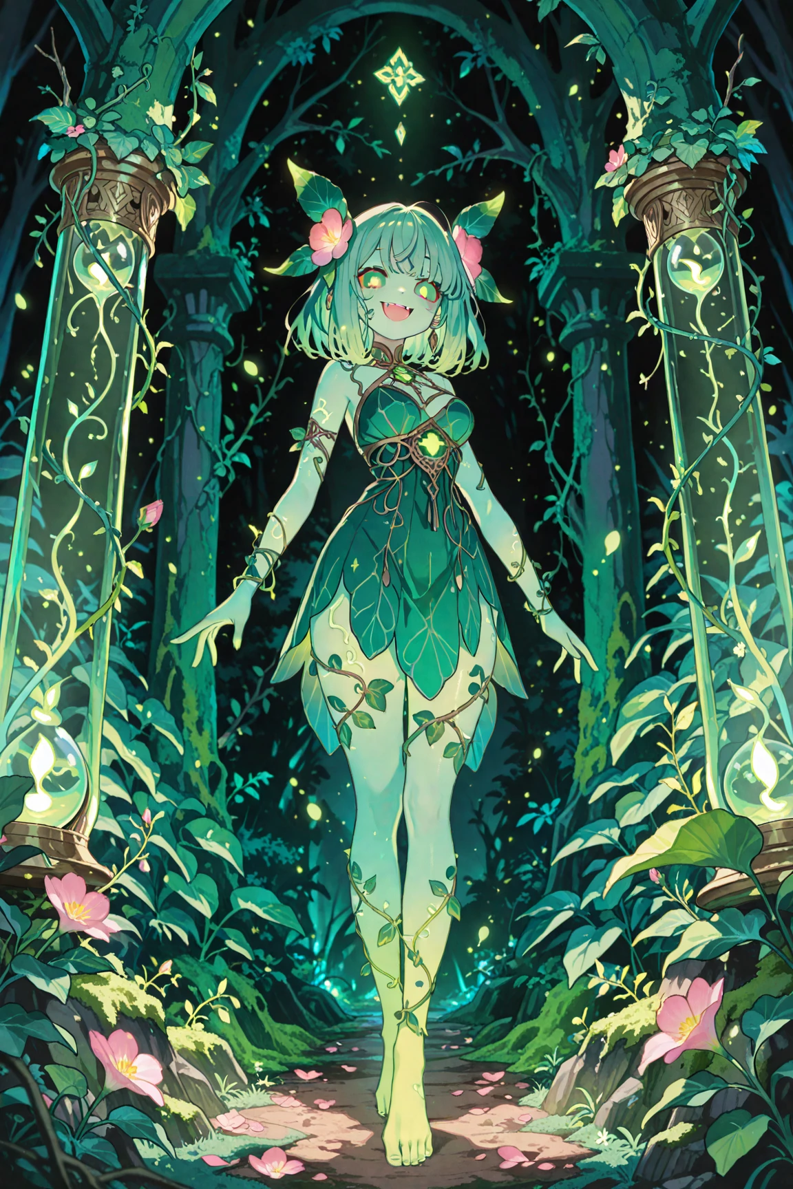 <lora:BiophyllTech-20:0.8>, biophylltech, glass, fully-organic,bio, bioluminescent, utopia,
full body,pink long hair, green eyes, 1girl,