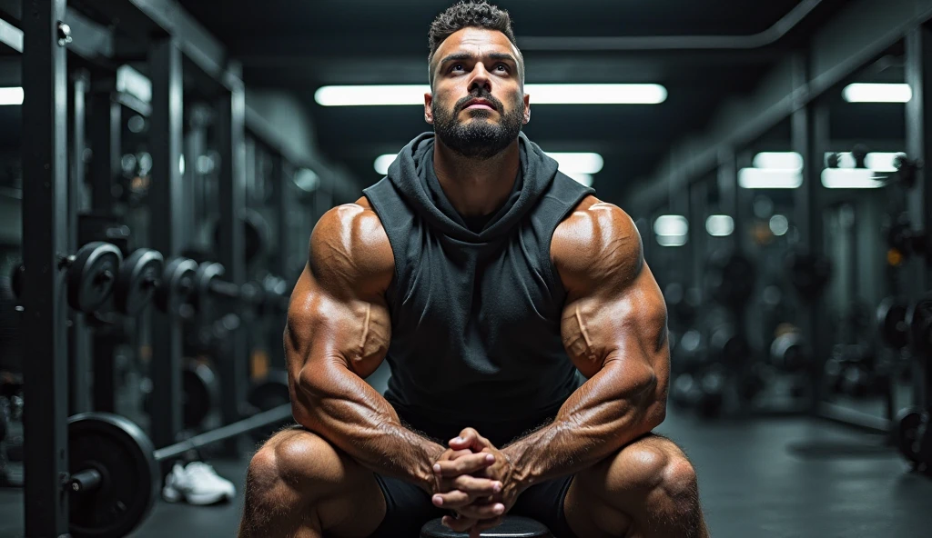 Eduardo training intensely at a weight training gym called skyfit, focused, sitting on the bench after high-load repetitions. Eduardo is preparing for the Mr event. Olympia 2024, which will be in October and says he will be top 1 champion in the classic physique category.