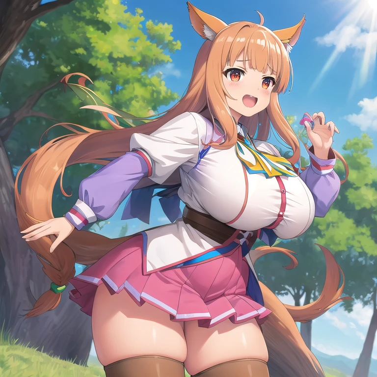 masterpiece, highest quality, 1 girl, small ,young mayshoudou, blue skirt, shirt, horse tail, blue clothes, blue ear ribbon, ribbon, white legwear, frilled shirt collar, white gloves, pink hair band, Shoulder bag,smile,blush,sit with legs apart,lace panties,(huge breasts:1.8),show crotch,Panties are transparent、my panties get wet、large amount of love juice、Mushy white love juice、My clothes are transparent、nipple、pussy