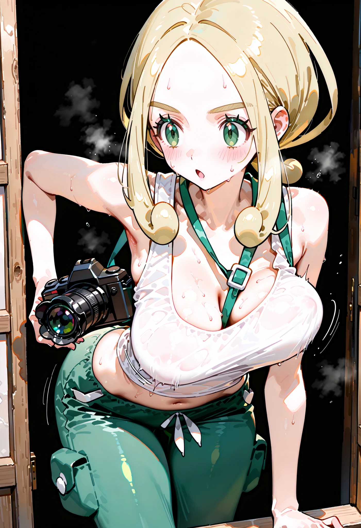 Viola/ (Pokemon)。blonde hair, Hold the camera、green pants。forward leaning posture、sweat、Breasts separated between breast bouncing