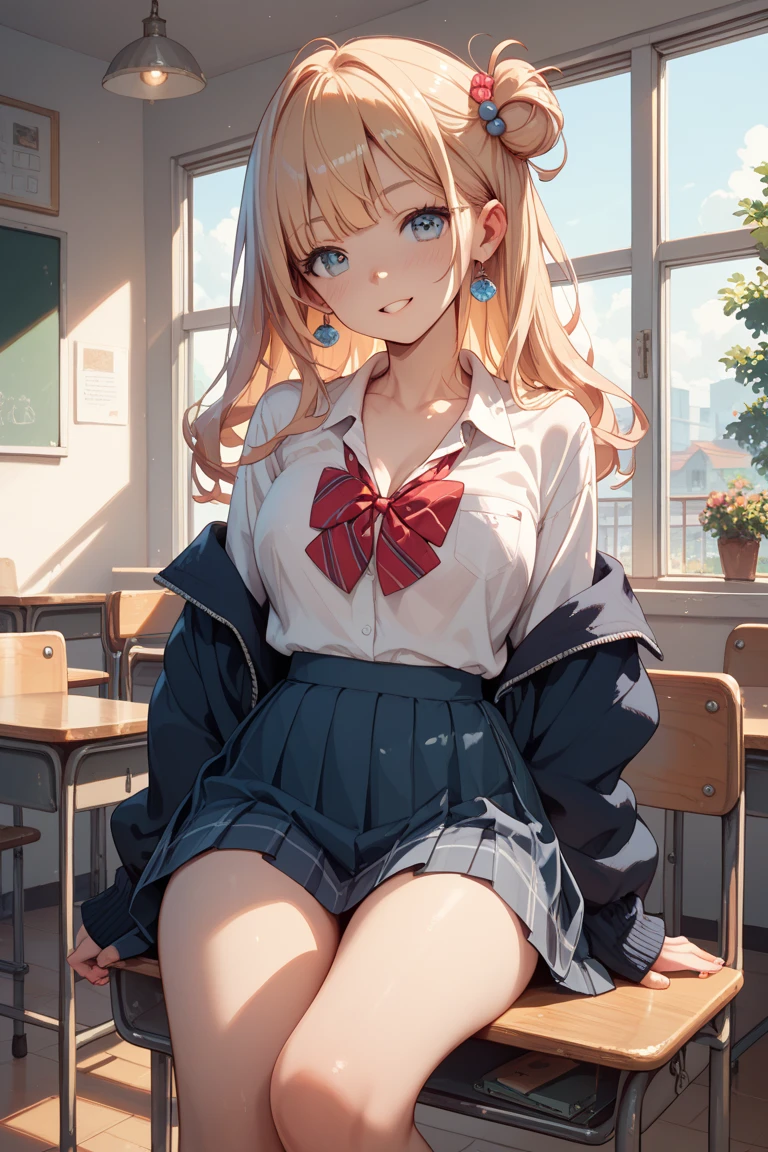 Beautiful illustrations,Looking away,highest quality, smile,pretty girl,brush,leaning forward,Picking up fallen items,blue pleated skirt,classroom,High-quality backgrounds,Slanted Eyes,High quality pink panties,From Behind,Blonde ponytail,{{beautiful large breasts 1:4}},Black cardigan,Red ribbon,Detailed shirt chest wrinkles,{{{high school girl}}},BREAK,{{beautiful dark blue eye1:4}},BREAK,Five fingers,smile