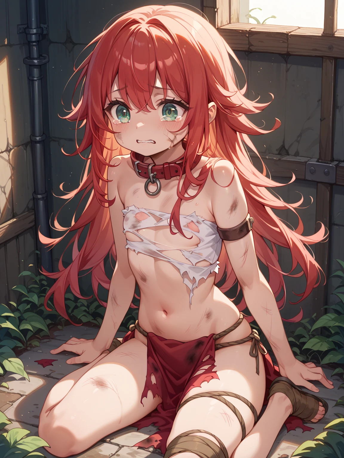 torture、((masterpiece, highest quality:1.3)),nsfw,Being beaten:1.5,cowboy shot,25 year old beauty,solo,((very small head)),red hair,ponytail hair,long hair,red eyes,blunt,skinny,medium breasts,((long body,slender body)),skinny,shiny skin,oily skin,sweat,((Bruises from being badly beaten:1.5)),crying,sad,open mouth,naked,nipples,navel,vagina,kneeling,Concrete wall、Dimly lit room、