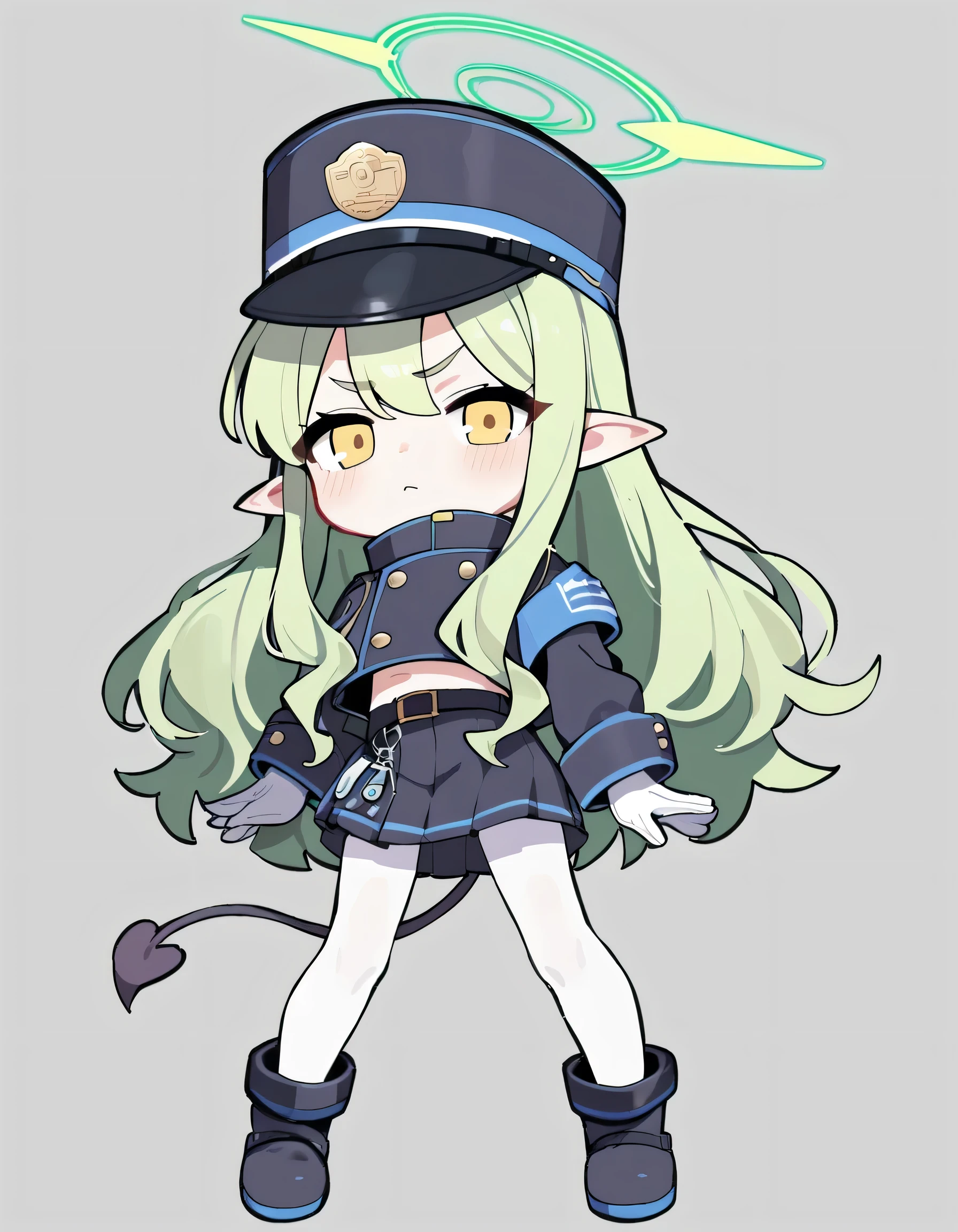 score_9,score_8_up,score_7_up BREAK source_anime,best quality,masterpiece,(white_background:1.2),looking_at_viewer,1girl,solo,highlander-left,yellow eyes,green hair,long hair,pointy ears,halo,demon tail,jacket,skirt,arm band,white pantyhose,white gloves,peaked cap,boots,standing,serious,full body