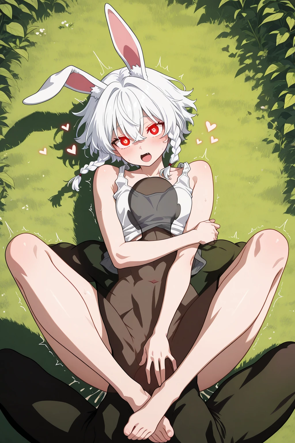 white rabbit girl,red eyes,glowing eyes,white long hair,wavy hair,messy hair,white rabbit ears,white rabbit tail,naked,waterfall,moonlight,night,dark,huge fullmoon,sea of flower,glasses,ribbon bow tie,legs in water,looking at viewer,upper body only,sex desire face,heavy breath,mouth full of saliva,drool,scream,hearts eyes,squinting eyes,low angle,spread pussy,soak pussy,soak pussy,plenty pussy juice,cumming in pussy,splash cum in pussy,girl on top,fiercely sex,vaginal sex
