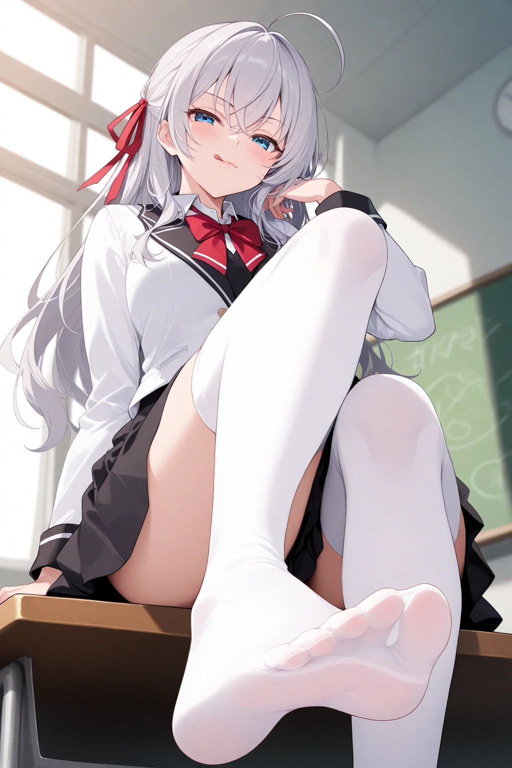 ((masterpiece, best quality)), black-thigh-highs, high resolution, big, beautiful legs, close range, white background, sitting on a chair, mature, laughing, arms behind the head, sideways, long blonde waves, dressed in pink sailor suit, red miniskirt with red collar, red ribbon, delicate beauty face, schoolgirl. Anime-style illustrations.