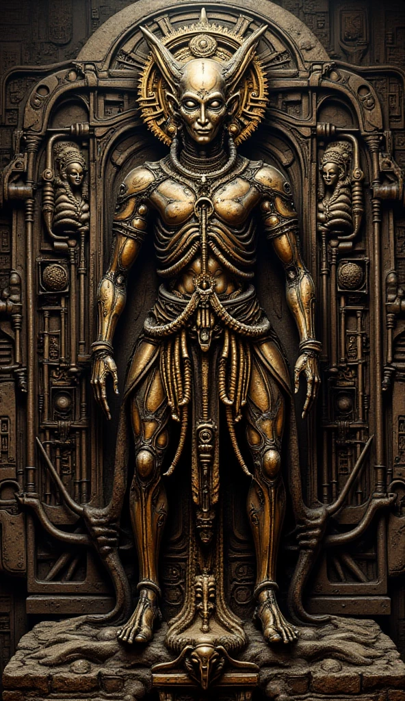 Terrifying alien space monster with gold and silver skin,holding a cane with red,verde,Diamantes naranjas y azules,futuristic,((masculino,cuerpo completo)),Arte de Boris Vallejo,h.r. Giger y Julie Bell,((Arte ultrahiperrealista,elegante,Bellas Artes)),((hiperdetallado,obra maestra,32K,Ultra HD.)).