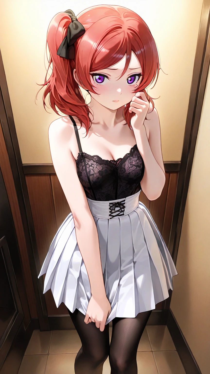 An anime girl with red hair and blue eyes wearing a skirt and an open shirt revealing a black and red bra