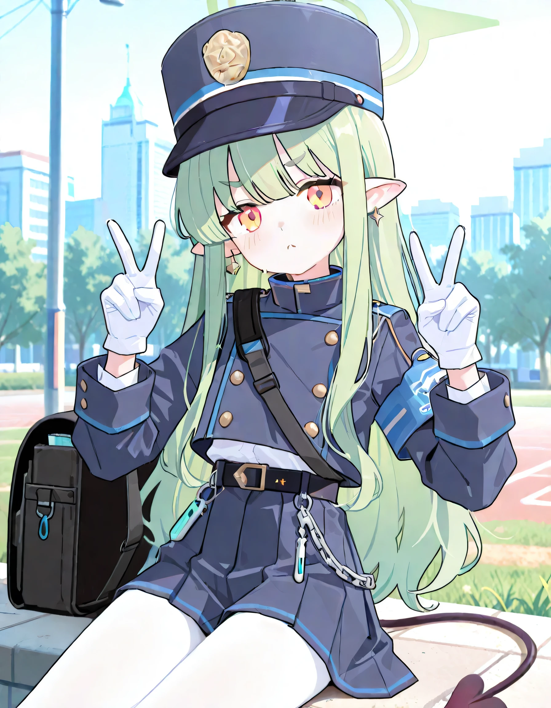 1girl, hikari \(blue archive\), blue archive, peaked cap, green hair, long hair, yellow eyes, pointy ears, white gloves, white pantyhose, demon tail, blue armband, black backpack, blue uniform, black belt, cowboy shot, belt chain, double v, outdoors, sitting, single earring,, masterpiece, best quality, very aesthetic, absurdres