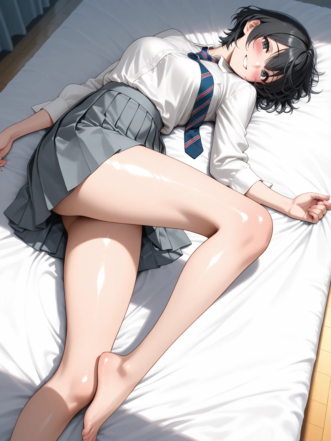 ((portfolio:1.2)),Perfect hand drawing、((Lying on your back:1.2))、cover angle、Stranger、Beautiful body lines、1 beauty, (thick neck:1.4)、(broad shoulders:1.4)、(Smaller face)、(pointed breast:1.6)、((long-haired black color:1.2))、Model body type、(Smaller chest:1.2)、17 age、Sharp eyes、Watery Big Eyes、Impatience and shy laughter:1.2、((student clothes:1.4))、(White shirt and knee-length navy skirt:1.2)、(facefocus:1.4)、evening、Extremely detailed, Detailed background, Cinematic lighting, (The skirt is twisted to reveal underwear:1.2), ((Roll Up Shirts:1.2)),((beautiful white underwear with lace:1.2))、(on the beds:1.2), Footboard beauty,