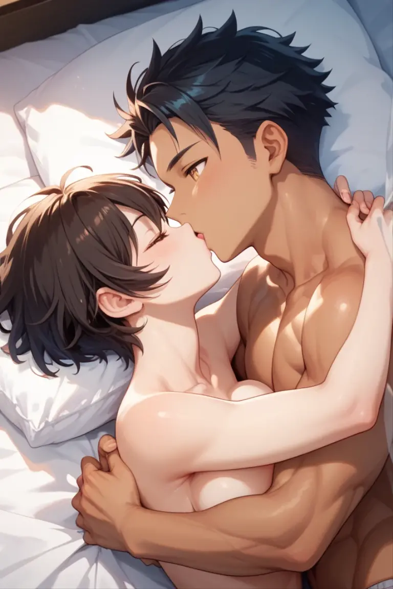 score_9, score_8_up, score_7_up, score_6_up, score_5_up, score_4_up, BREAK source_anime, 1girl Handsome Tomboy short hair muscular ,bedroom ,1boy aomine daiki dark skin ,sex , cum ,  breast grab
