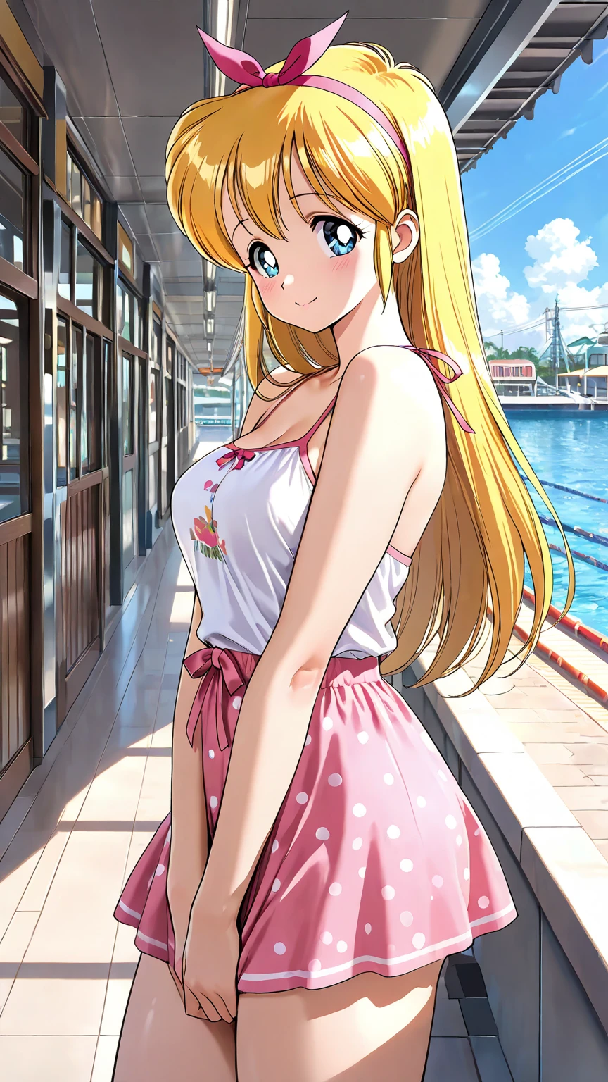 Beautiful round medium breasts, 1girl, ((Blonder hair, Beautiful straight hair, Hair parted on the right side)) ((Girl, cute girl face)) light azuis eyes, has an beautiful sensual body with freckles, with full breasts and thin waist, HIP HOP Beautiful and cute Floral print jumpsuit, short jumpsuit, fabric delicate, has a bold appearance. young, quality, realistic, best quality, cute expression, pink lipstick lips, Cute smile, Walking near the pool, in a pose