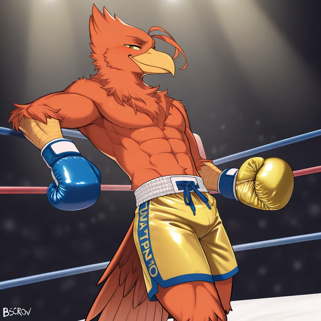 Bird man , green and red,  arms behind head, wrestler, luchador, 