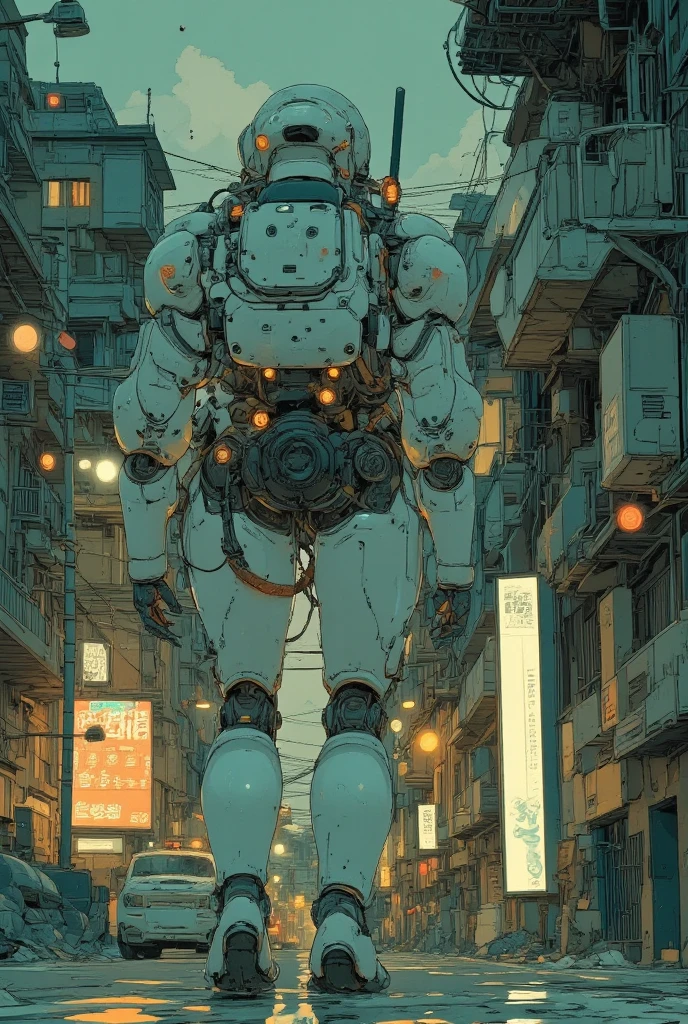 A robot wandering the back alleys of a large, leafy city。back view of Robot. The robot can check the whole body、growing up。The robot's head is small and integrated with the、torso、No neck。No nose or mouth, 2、One small linear camera eye。Two hands。Two legs。cable is visible from the joint。 on his shoulder 、There is a small container on the back。The color of the robot is white、Rusty。Time: night。 night lights、I can see clouds 。 puddle。