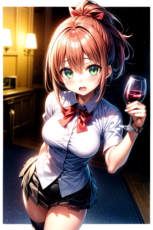 ((highest quality, High resolution, Perfect Pixel, 4k)), (Beautiful Anime Girls), Depth of written boundary、
Perfect body,
yuigahama yui, short hair,
(Big Breasts:1.5)、
Focus on the chest、
(White shirt、Missing button:1.1)、
(Being drunk、blush:1.5)、
(Close ~ eyes、Open your mouth a little:1.2)、
Across the table、bar、night、night景、Empty wine glass、
(Rest your chest on the table)、
