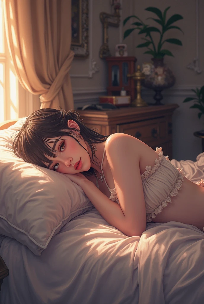 a couple sleeping at home, short clothes, night, sleeping figures, intimate moment, cozy bedroom, soft bedding, moonlight through window, warm lighting, peaceful expression, detailed faces, delicate skin, mesmerizing beauty, romantic atmosphere, chiaroscuro lighting, dramatic shadows, cinematic composition, painterly style, vibrant colors, hazy dreamlike quality, (best quality,4k,8k,highres,masterpiece:1.2),ultra-detailed,(realistic,photorealistic,photo-realistic:1.37)