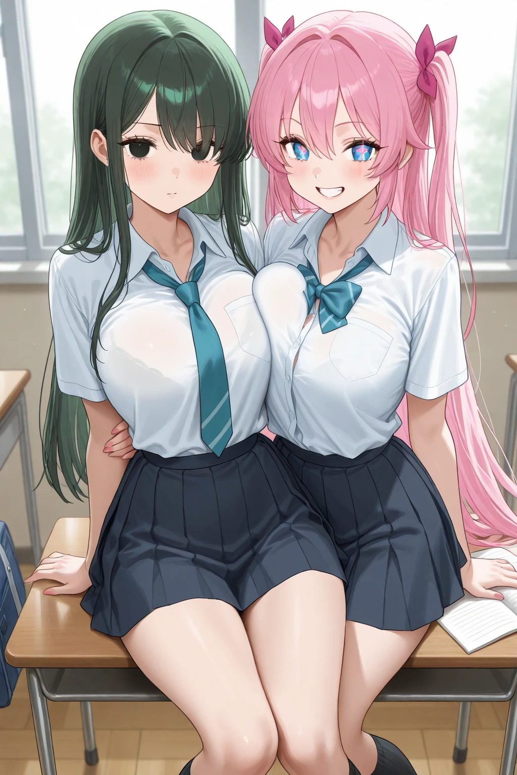 ((2girls)), asymmetrical docking, from side, (breast press), girls sandwitch,Lesbian,(hands between legs), kneeling
looking at viewer,  big breasts, long hair, long hair,multiple girls, group picture, lineup,
 Sisters, [[open mouth]],blush, embarrassed,((sweat drop)),
Momo Satalin Deviluke,
green skirt, plaid, plaid skirt, sainan high school uniform, school uniform, skirt, shirt, white shirt, sweater vest, (yellow sweater vest:1.5),Cute pink underwear,

lala satalin deviluke,to love る,long pink hair, very long sidelocks, green eyes,Symmetrical eyes, Ahoge,
((Highest quality)), ((masterpiece)),(detailed),High resolution,Sharp focus,Perfect Face,Perfect Fingers,{best illustration},(complete anatomy),
(非常にdetailed CG unity 8k wallpaper),(((Vibrant colors))),Official Art,glamorous,large breasts, Medium ass,
shiny 肌,very shiny 肌,Shiny body,plastic glitter 肌,exaggerated shiny 肌,illuminated 肌,
((detailedなボディ)),(detailedな顔)), cute,Lewd,erotic,Bold,Camel Toe,(erection of nipple),
indoor,bedroom,Chair,Bookshelf,chest of drawers,door,Residential area view from the window,carpet flooring, curtains,　