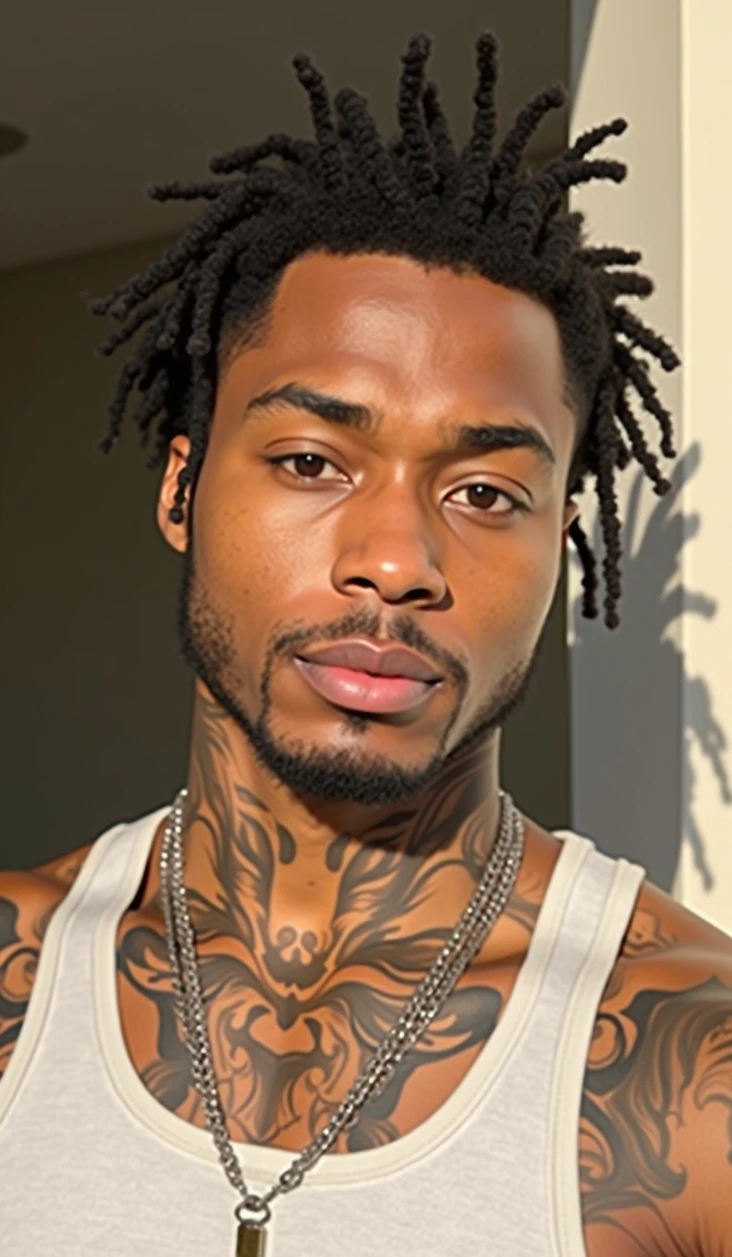 Black man with tattoos on his chest and chest sitting on a couch, with tattoos, inked, inspired by Hedi Xandt, tattooed man, tattooed, fully tattooed body, liam brazier and nielly, the extremely hot and sexy, taken in the early 2020s, tongue out, inspired by Louis Le Nain, dark skin