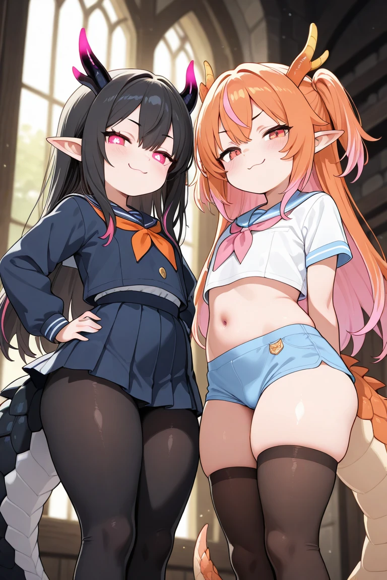 (muste piece), (best quality), (score_9, score_8_up, score_7_up), very detailed eyes, expressive eyes, perfect face, very detailed face, highly detailed face, beautiful girl, 8K, beautiful girl, white background, delicate and beautiful face and eyes, dark intense shadow, 2 girls, vtuber style, cool girl, hololive, vtuber, (Yukihana Lamy, Elf ears, blue hair, heart ahoge), (Houshou Marine, marine_pirate, red hair, twintails, hair ribbon, red skirt, belt, leotard under skirt, black leotard, black thighhighs, red eyes, yellow eyes,) Sailor dress, sleeveless dress, short skirt, tie, blue underpants, cameltoe, big chest, big ass, sideboob, bare arms, smile, body visible through clothes, chest visible through clothes, (full body), doggystyle, top-down_bottom-up, sweating, from back, ass focus,