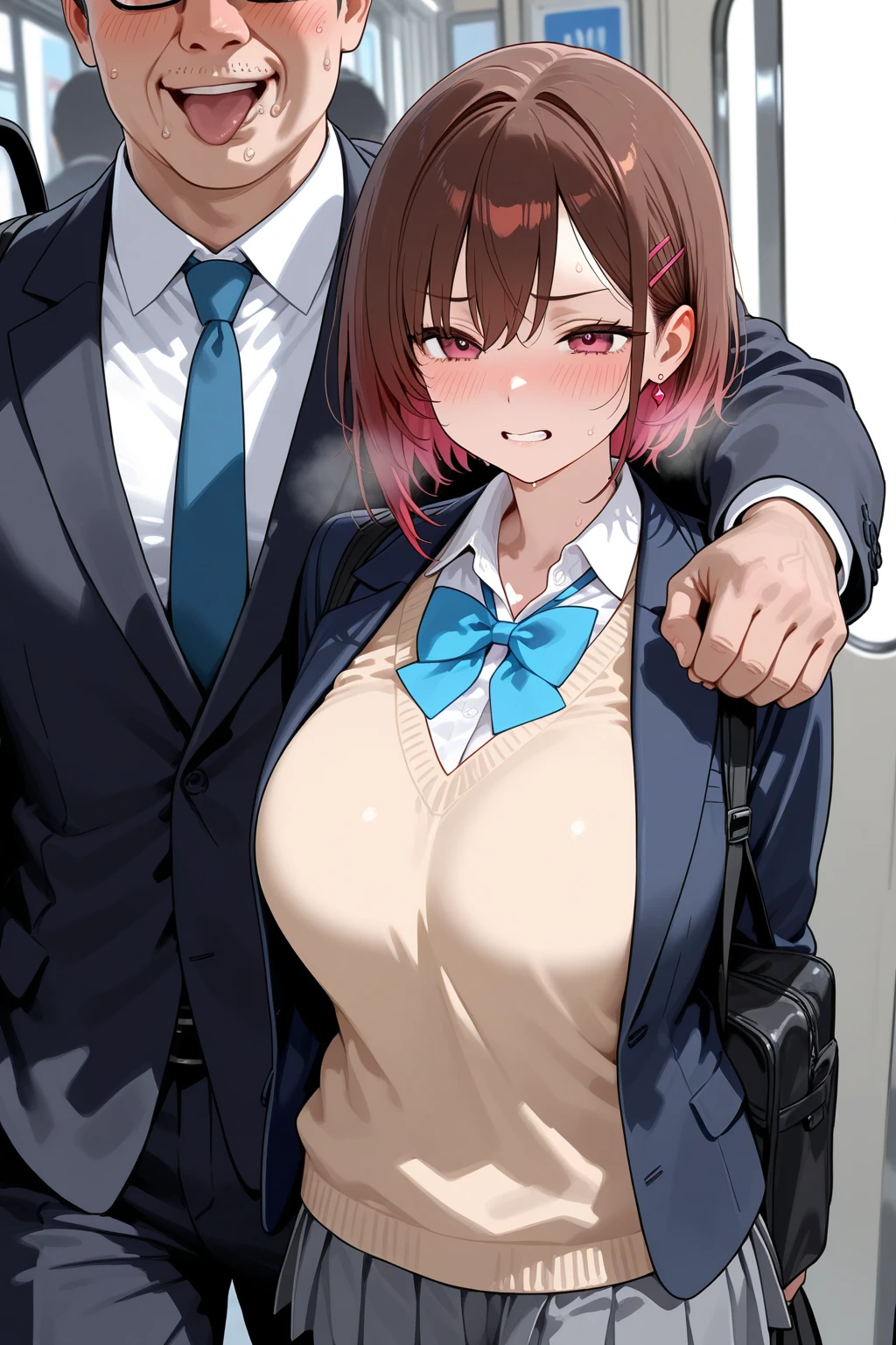 (NSFW:1.6)、male&#39;Daughter of、highest quality、ultra high resolution、巨大なchest、picture perfect face、beautiful expression、beautiful face、beautiful eyes、high school uniform、high school girl uniform、mini skirt、beautiful feet、Subway train interior background、in a crowded train、(電車に乗っているたくさんのmale性、電車内でのmale性痴漢)、(((( An old male standing near a high school girl、Grab your butt.、old male grabs high school girl&#39;chest、touch from the front.、Womale Cries:1.2、they hesitate、male性3名、1 female、  with a male、torn clothes))))、(put your dick in your crotch:1.2、Nakadashi、View from the crotch)　、( to the body、Large scale )、look of fear、blushing face、Pants dig into the crotch、(老人が女子高生のchestを吸う:1.5)、Side view、(old male licks)、womale&#39;、(from the waist up:1.4)、blurry frame