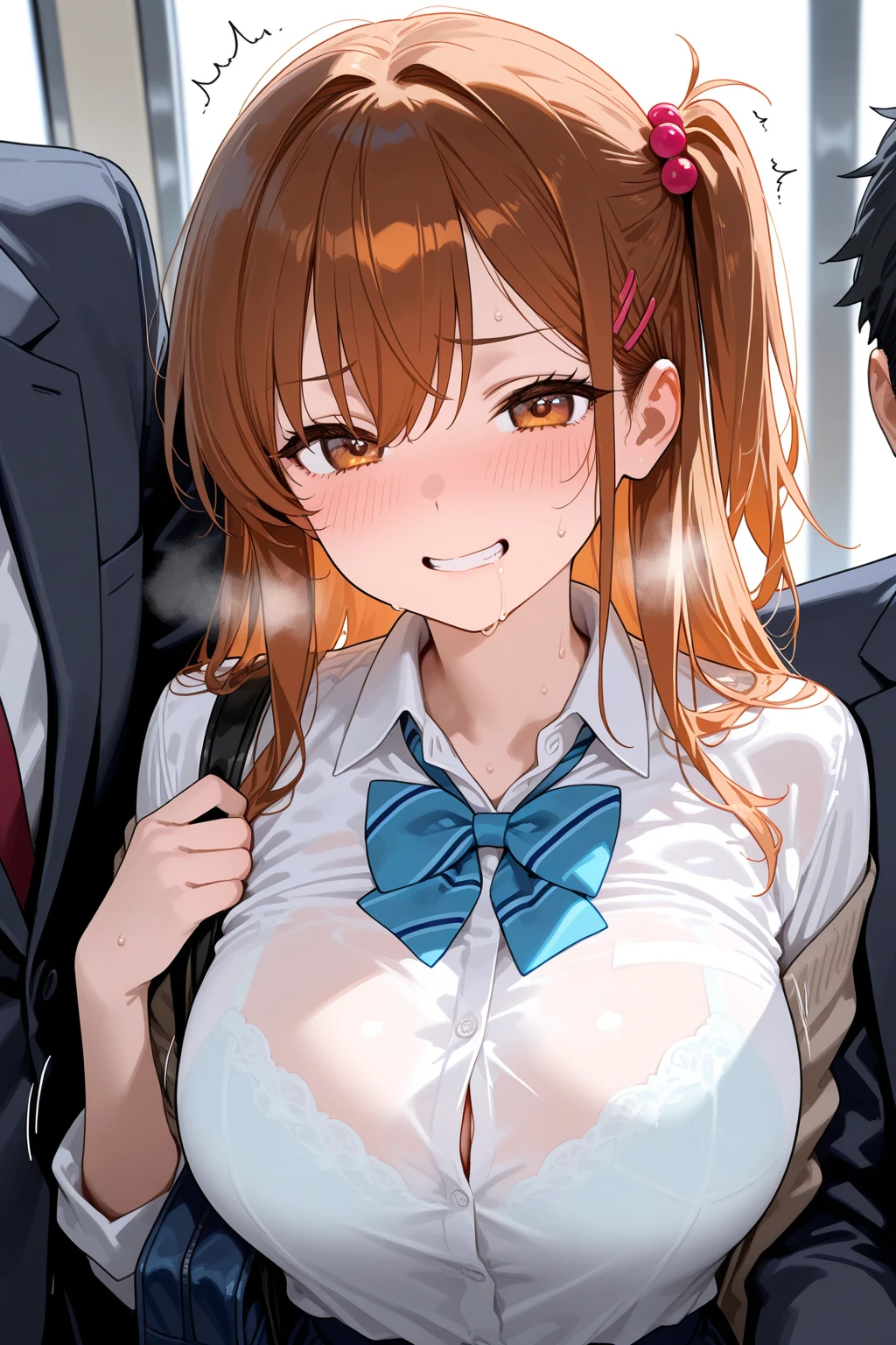 Asuna, ((masterpiece)), High resolution, Asuna、 Bright orange hair, Molester on the train、Embarrassed face、Sweating all over the body、vapor、high school girl, Cute panties with ribbon、Open blazer、Show your bra、
