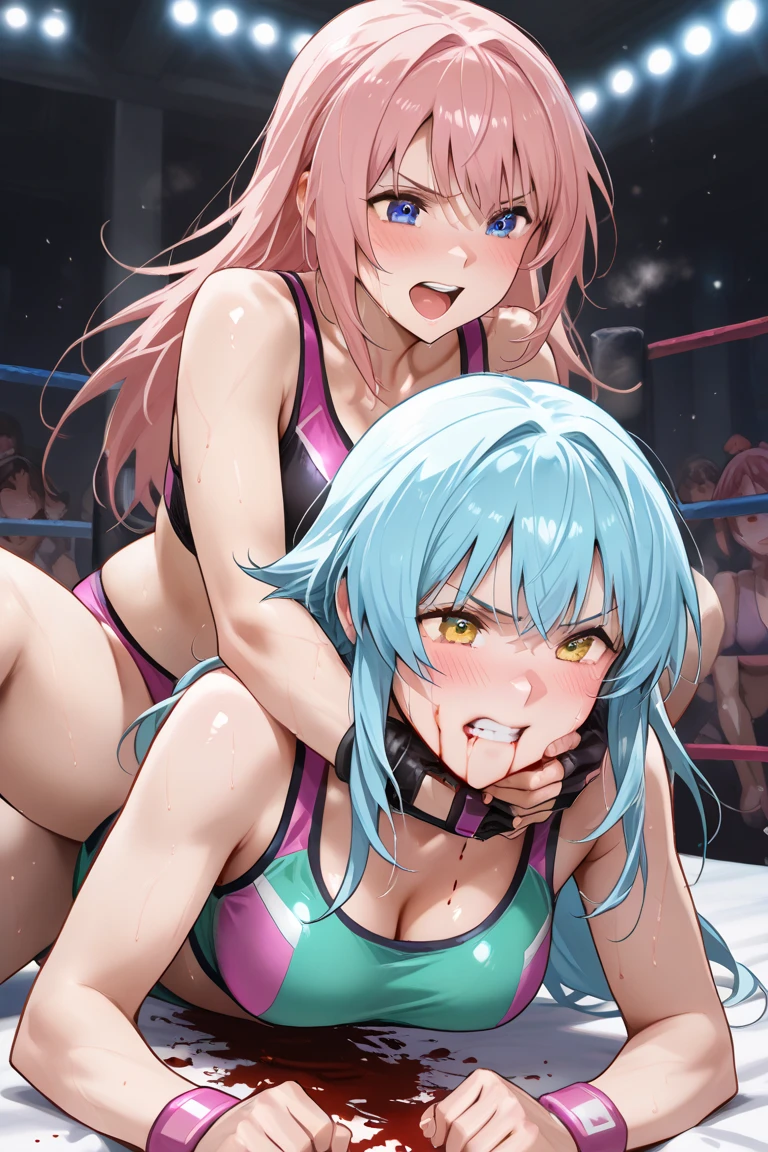 masterpiece, highest quality, (Highly detailed CG Unity 8k wallpaper), (highest quality), (Best illustrations), (Best Shadow), Confused, Realistic lighting, (abyss), Beautiful and delicate shine,victory,Random Pause,((Bare skin wet with sweat,Female professional wrestler)),Cute freckles on the cheeks,Mole under left eye,Hair wet with sweat,Luxuriously decorated wrestling costume,pain,suffering,ring,Plump,Villain wrestler,A female wrestler with pink dyed hair,game,pain,anger,Attacked another female wrestler,