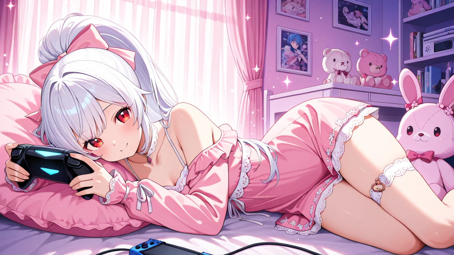 ((best qualtiy)), Beautiful portrait of a genki girl,Sweet girl,White hair,red color eyes,Japanese anime,adolable,Anime figure,show legs,expose feet,without wearing shoes,Pink table,Wear cat ear headphones,Facial shyness,White off-the-shoulder pajamas,flower pots,The overall environment is pink style,Otaku girl,At home,White transparent stockings,Don't look too leggy,white clothes,Lying in bed,Drag your head by hand