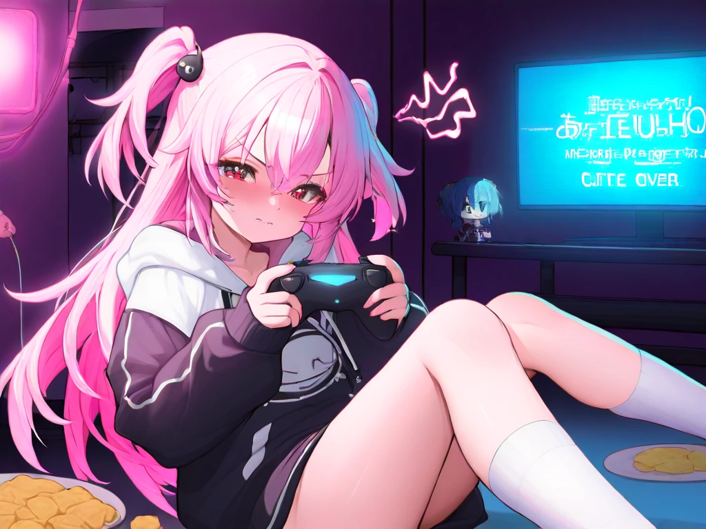 masterpiece, highly detailed, 8k, night time, neon gaming cave, adorable short haired American gamer girl sitting on a bean bag, cute face, holding a playstation game control, looking at the monitor, Twitch streamer, camgirl, very short skirt, fit, gorgeous, sexy, 23 year old, over the knee socks, pink hair, messy twin tails, (dynamic pose), (dynamic angle), panty shot