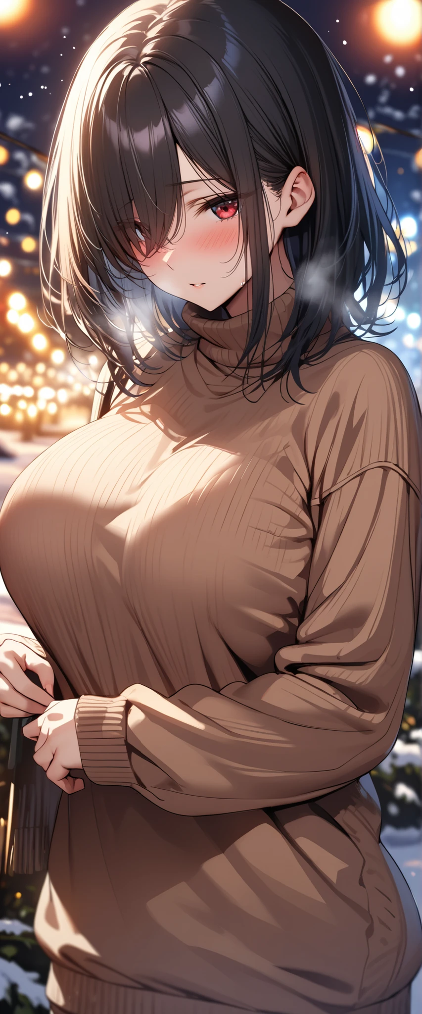 1female,25 age old,Large breasts,Pornographic exposure, 独奏,(Background with:coniferous forest,at winter season,Snow on the ground) with his long black hair, standing on your feet,Sweat profusely,drenched all over the body,seen from the front, curlies, mostly cloudy sky,(((tmasterpiece),(Very detailed CG unity 8K wallpaper),best qualtiy,cinmatic lighting,detailed back ground,beatiful detailed eyes,Bright pupils,(Very fine and beautiful),(Beautiful and detailed eye description),ultra - detailed,tmasterpiece,)),facing at camera,A high resolution,ultra - detailed),Construction workers,Wear jeans,Wear seat belts,yellow helmets,winter clothes,revealing breasts,Bare genitalia,Pussy bulge,Camel toes,Raised sexy,Flushed complexion,Open-mouthed,Smile,frontage