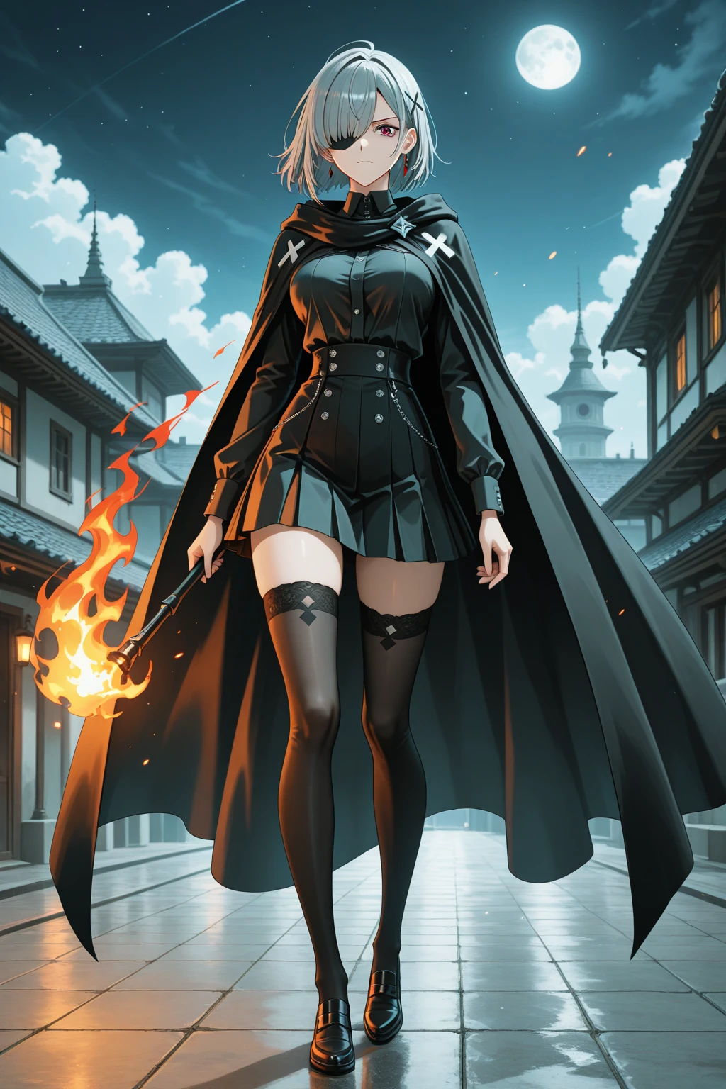Young beautiful woman,(Highest quality,Extremely detailed depiction,Incredibly absurd high resolution,Anatomically accurate depiction,Curvy Legs),(Glowing Skin,Shiny skin,Oilskin),(nun,Nun's clothing intricate and shiny),eyelash,(Intensely glowing purple eyes,Crazy Eyes,There is cleavage in the chest,A seductive smile,Glossy Lips,Seductive gestures),Sweat,whole body,background:Bedroom at night,detailed eyes, detaield hands, detailed face, elf woman,full body