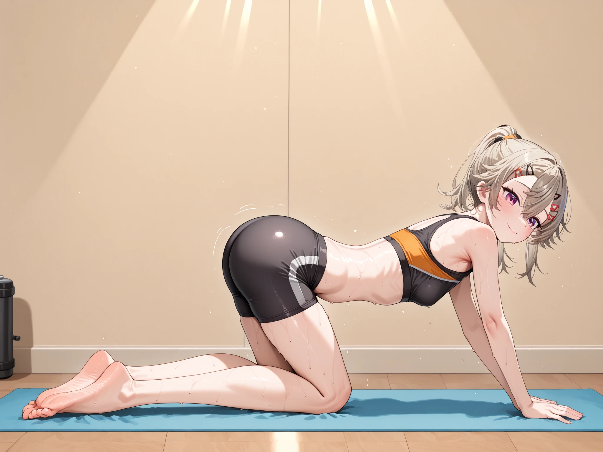 A young woman, 21-years-old, solo, Caucasian, light brown hair, blonde hair, gradient hair, multicolored hair, hair styled in a bun, two-tone hair, no bangs, green eyes, black leotard, white pantyhose, standing_split, yoga studio, wooden floors, calm facial expression, serene, relaxed, peaceful, soft gaze